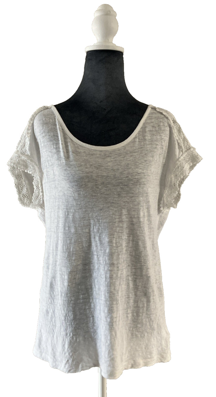 100% Linen Shirt Top Boho Twee Flower Trim On Sleeves Cottage White SZ Medium